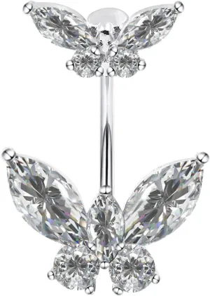 Sterling Silver Belly Button Rings, Real 925 Sterling Silver, 14G Sterling Silver Navel Rings, High Polished Smooth Surface, Resists Allergy, 925 Silver Belly Piercing, Double Butterfly S5