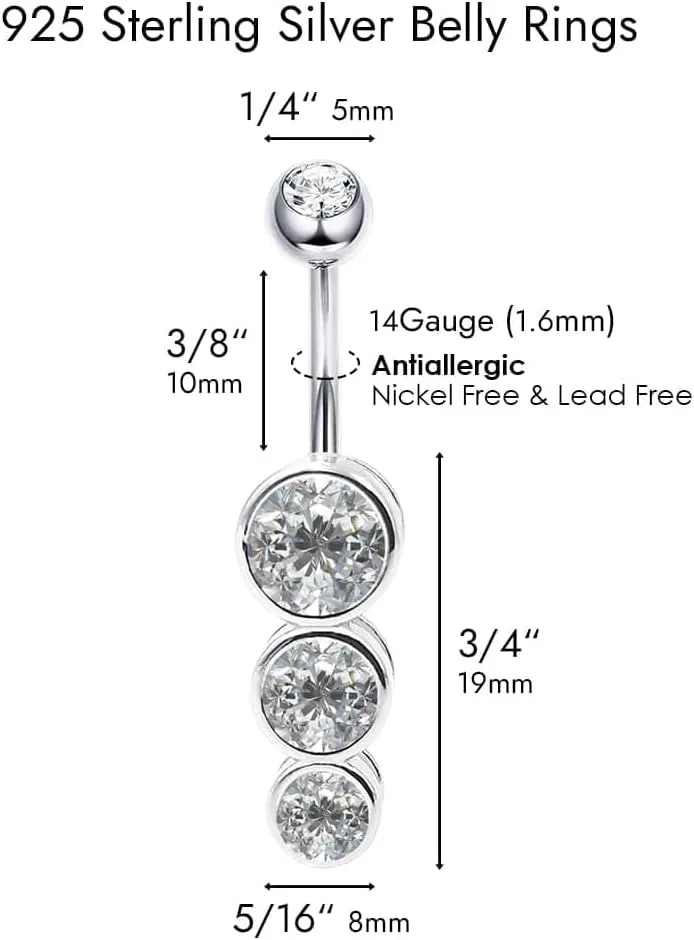Sterling Silver Belly Button Rings, Real 925 Sterling Silver, 14G Sterling Silver Navel Rings, High Polished Smooth Surface, Resists Allergy, 925 Silver Belly Piercing