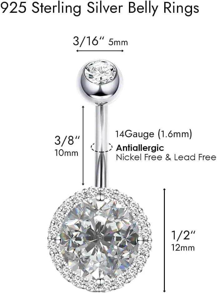 Sterling Silver Belly Button Rings, Real 925 Sterling Silver, 14G Sterling Silver Navel Rings, High Polished Smooth Surface, Resists Allergy, 925 Silver Belly Piercing