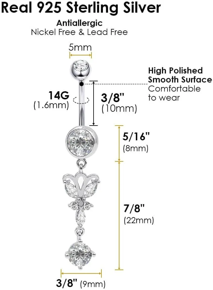 Sterling Silver Belly Button Rings, Real 925 Sterling Silver, Butterfly Belly Piercing, 14G Sterling Silver Navel Piercing Rings