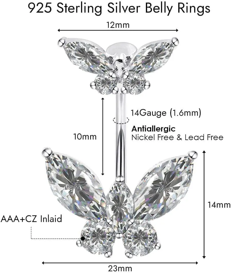 Sterling Silver Belly Button Rings, Real 925 Sterling Silver, Butterfly CZ Belly Rings, 14G Navel Piercing Rings, High Polished Smooth Surface, Resists Allergy, 925 Silver Belly Piercing