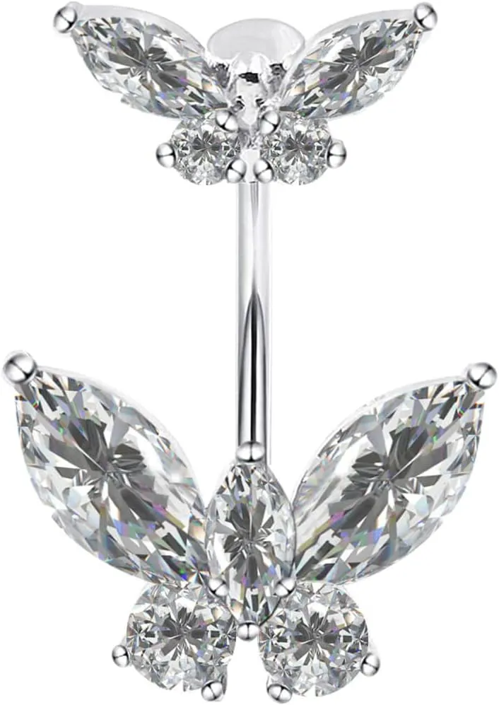 Sterling Silver Belly Button Rings, Real 925 Sterling Silver, Butterfly CZ Belly Rings, 14G Navel Piercing Rings, High Polished Smooth Surface, Resists Allergy, 925 Silver Belly Piercing