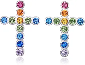 Sterling Silver Cross Earrings for Women | 11 Multicolor Cubic Zirconia Studs  Elegant Huggie Style | Faith Jewelry Gift for Easter, Baptism, or Communion