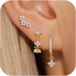 Sterling Silver Opal Flower Earrings Set - Hypoallergenic Stud Hoop Earrings, Trendy for Women 2024