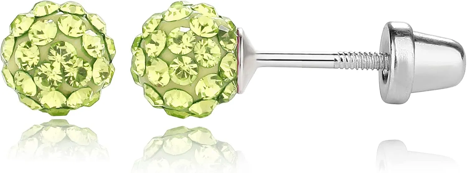 Sterling Silver Simulated Birthstone Pave Ball Screw-Back Earrings for Little Girls and Kids