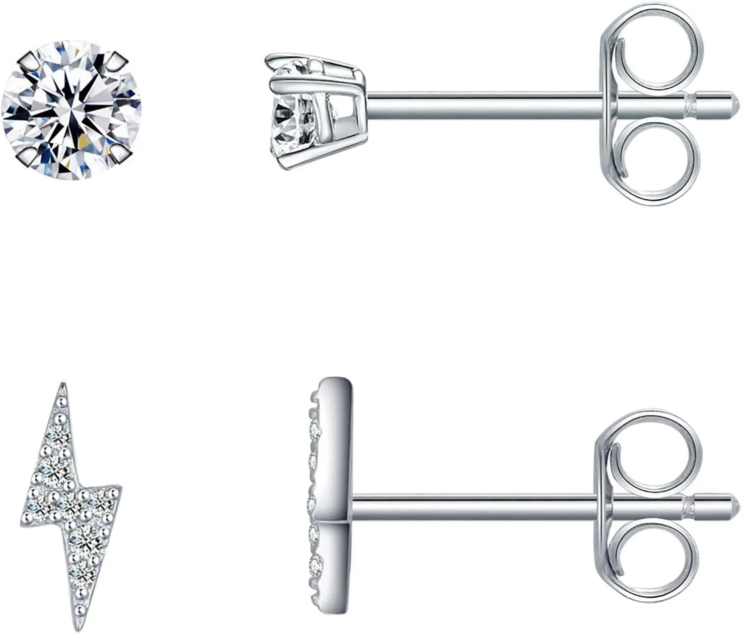 Sterling Silver Stud Earrings for Women- Hypoallergenic Small CZ Simulated Diamond Earrings Dainty Halo, Lightning Bolt, Moon Cubic Zirconia Earring Set