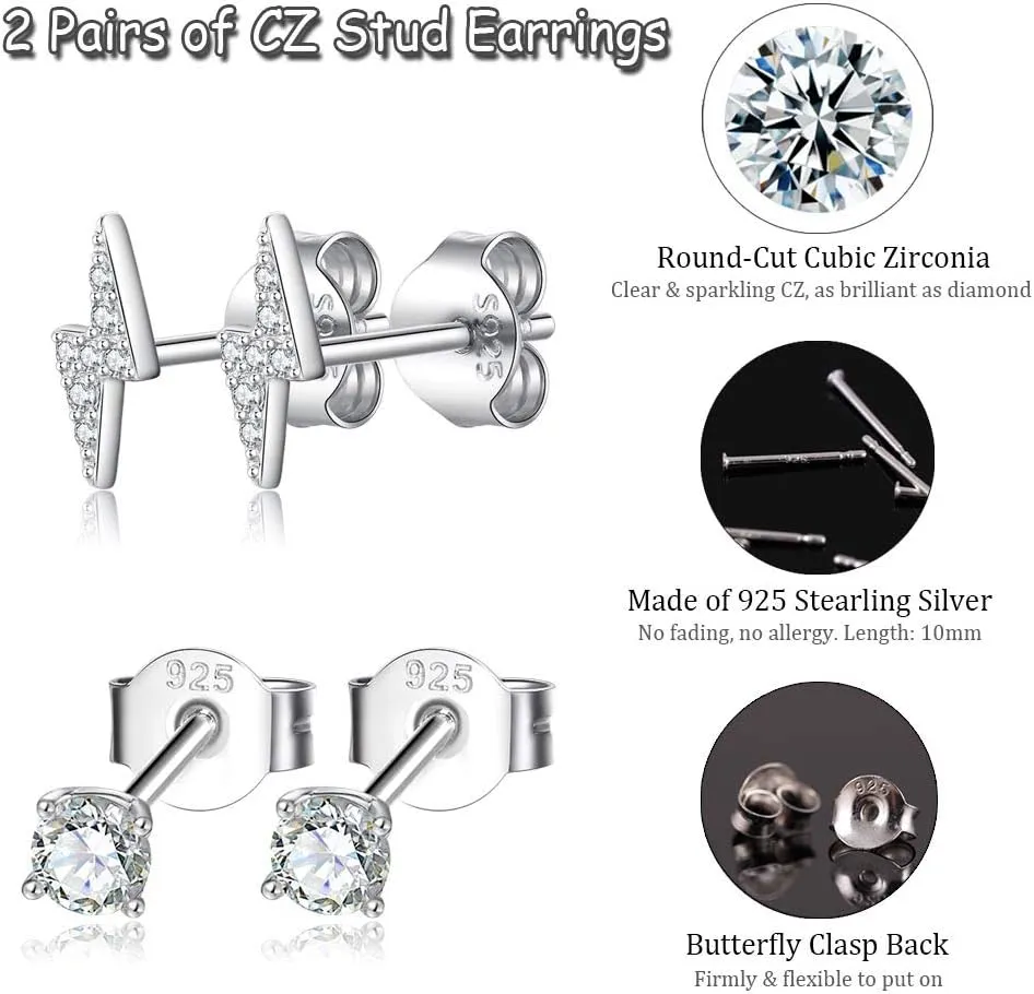 Sterling Silver Stud Earrings for Women- Hypoallergenic Small CZ Simulated Diamond Earrings Dainty Halo, Lightning Bolt, Moon Cubic Zirconia Earring Set