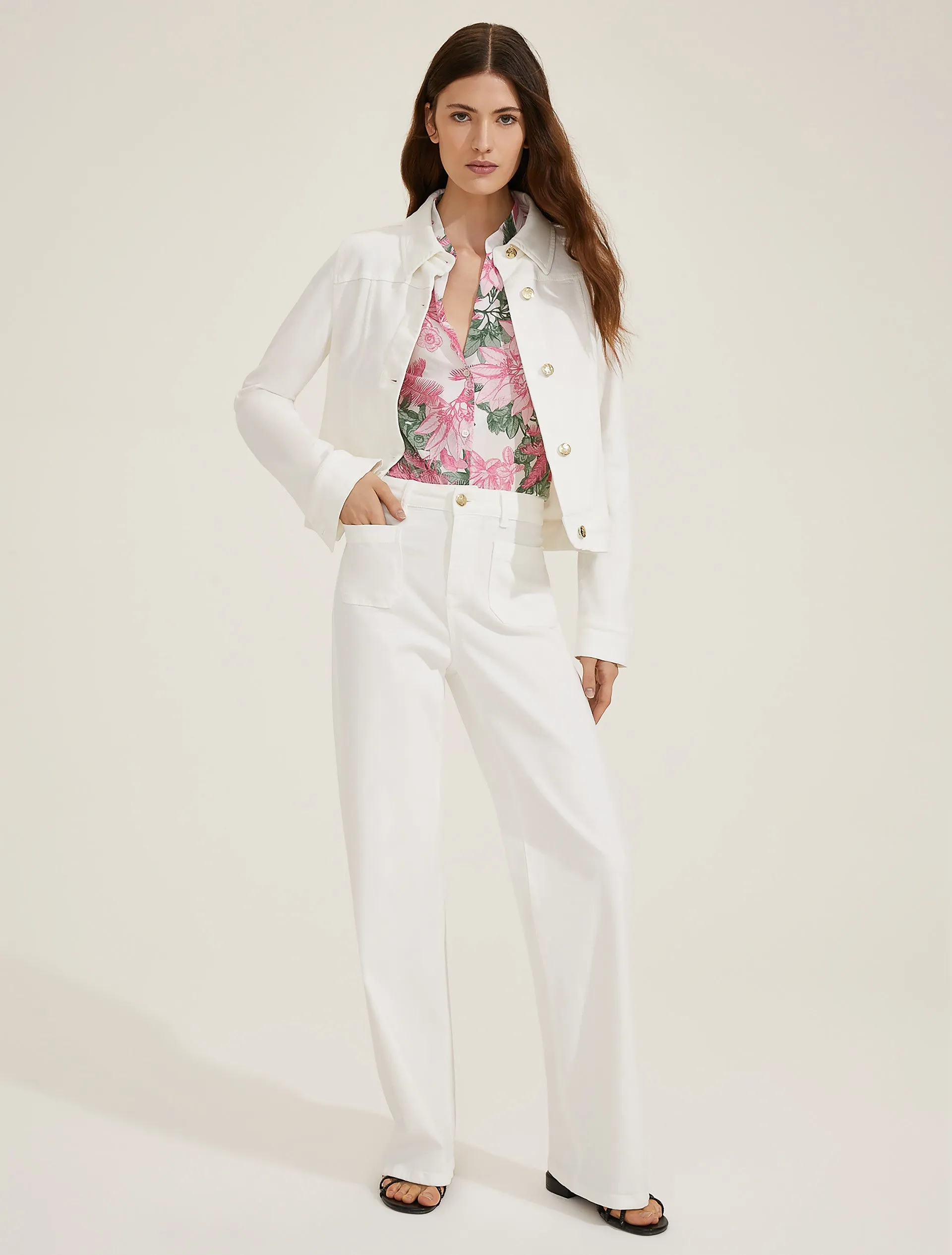 Stretch Trousers with Patch Pockets - Cream