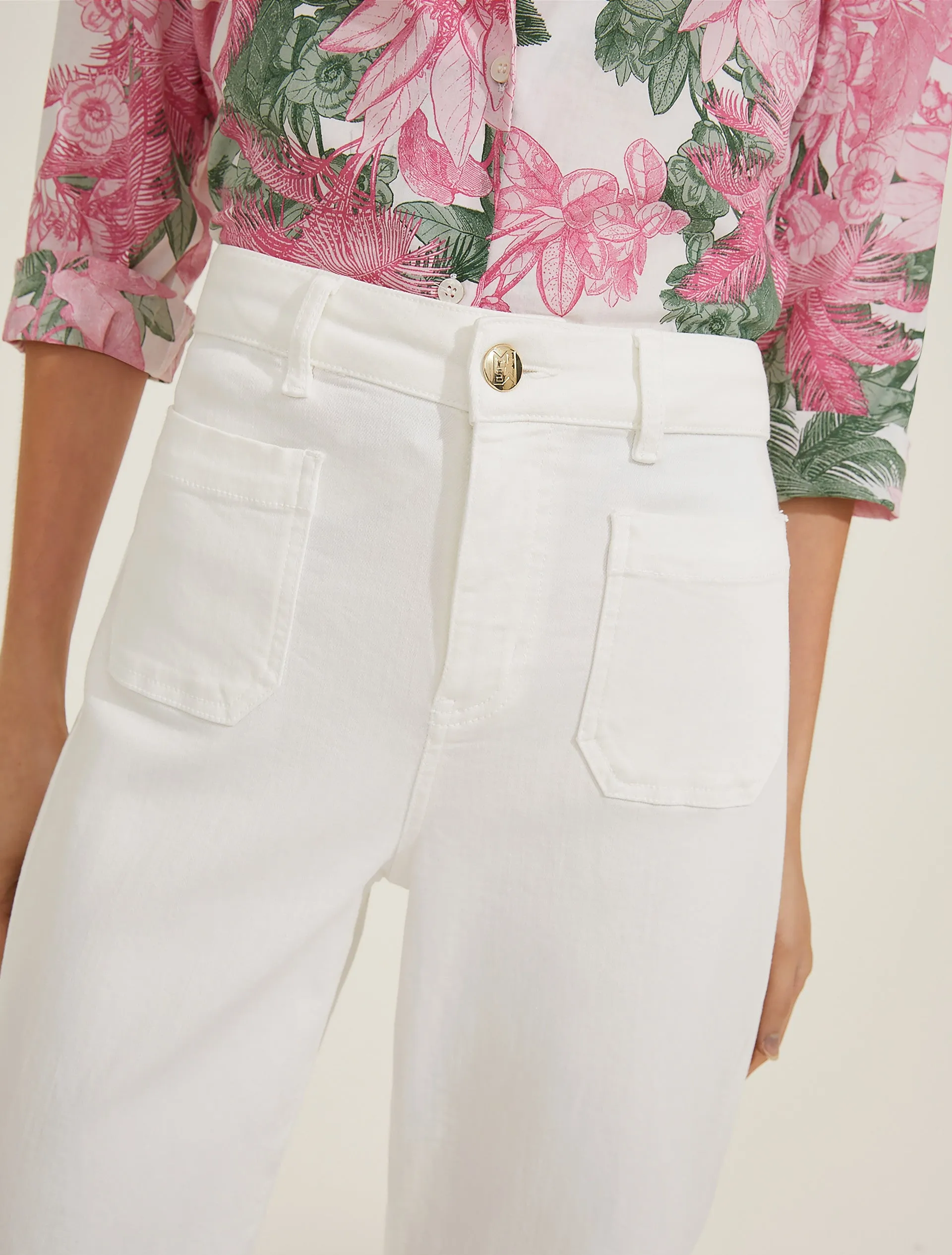 Stretch Trousers with Patch Pockets - Cream