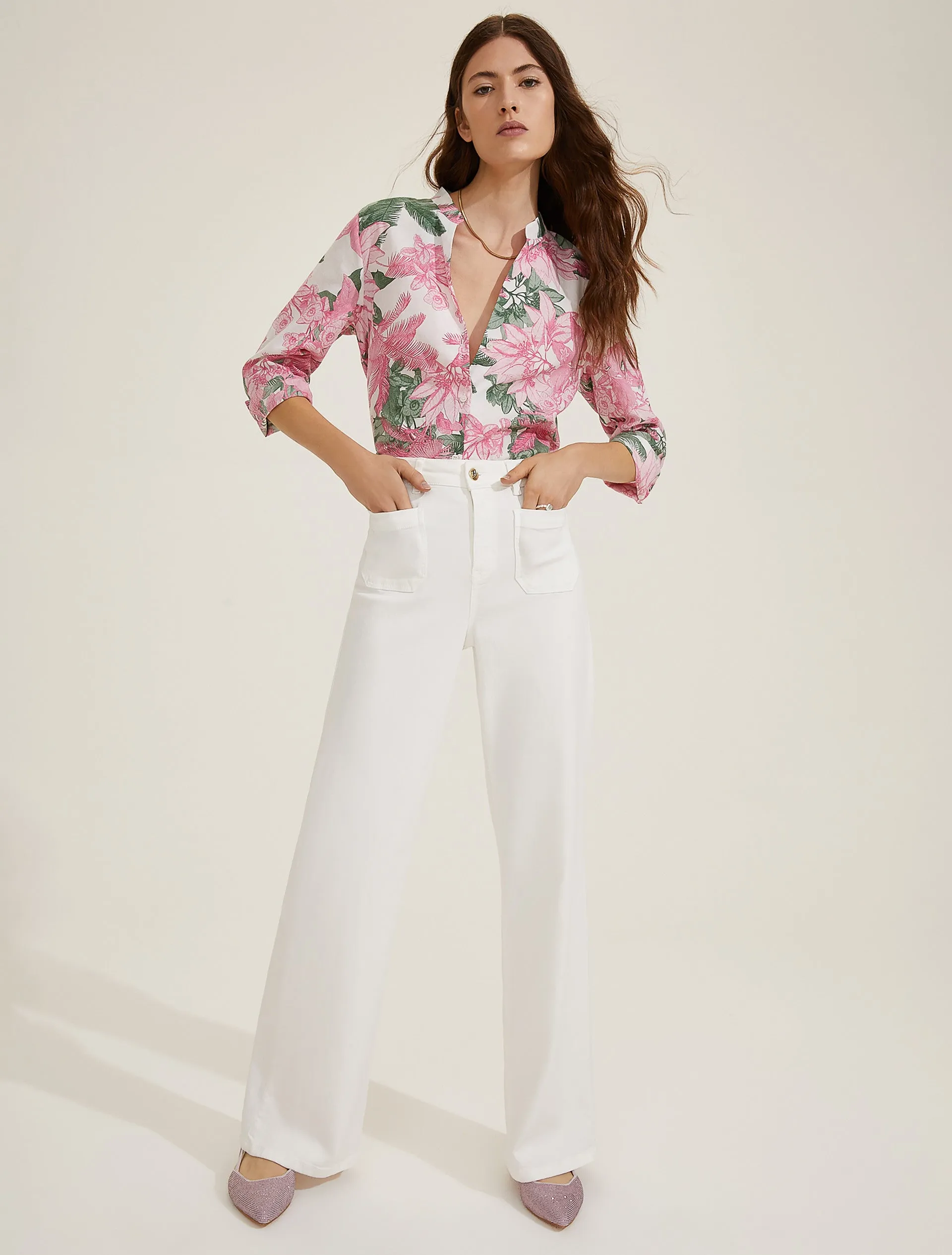 Stretch Trousers with Patch Pockets - Cream