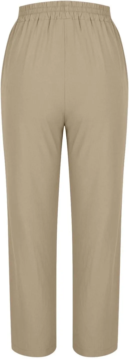 Summer Linen Cropped Trousers for Women Trendy Capris High Waist Straight Wide Leg Beach Pants Loose Slacks