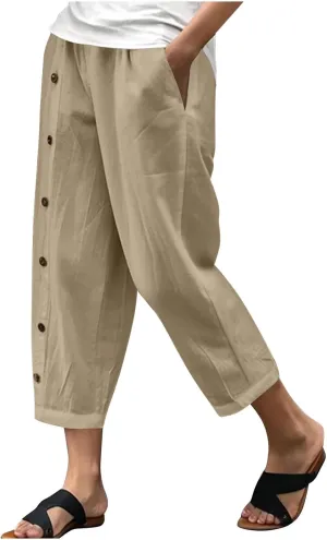 Summer Linen Cropped Trousers for Women Trendy Capris High Waist Straight Wide Leg Beach Pants Loose Slacks