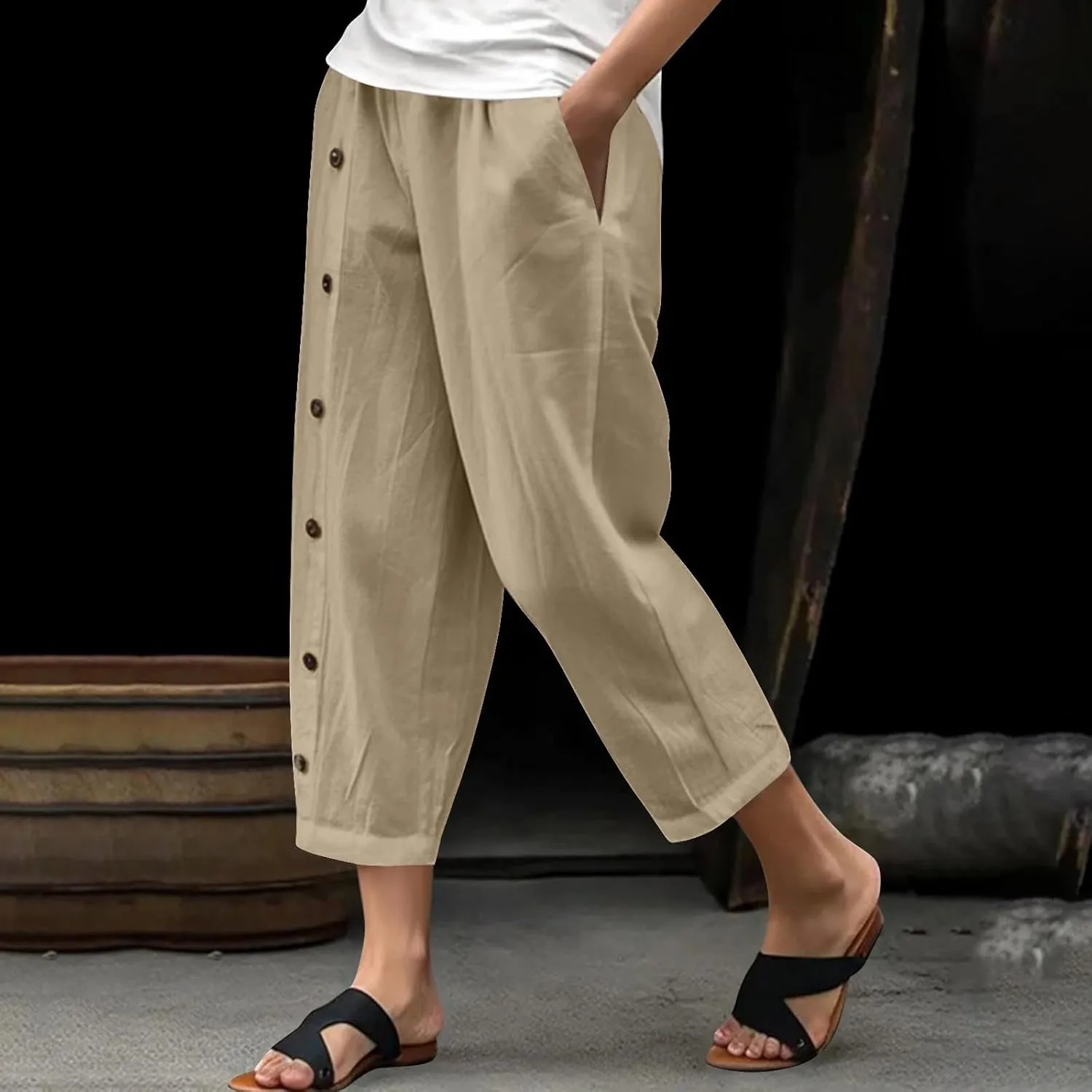Summer Linen Cropped Trousers for Women Trendy Capris High Waist Straight Wide Leg Beach Pants Loose Slacks