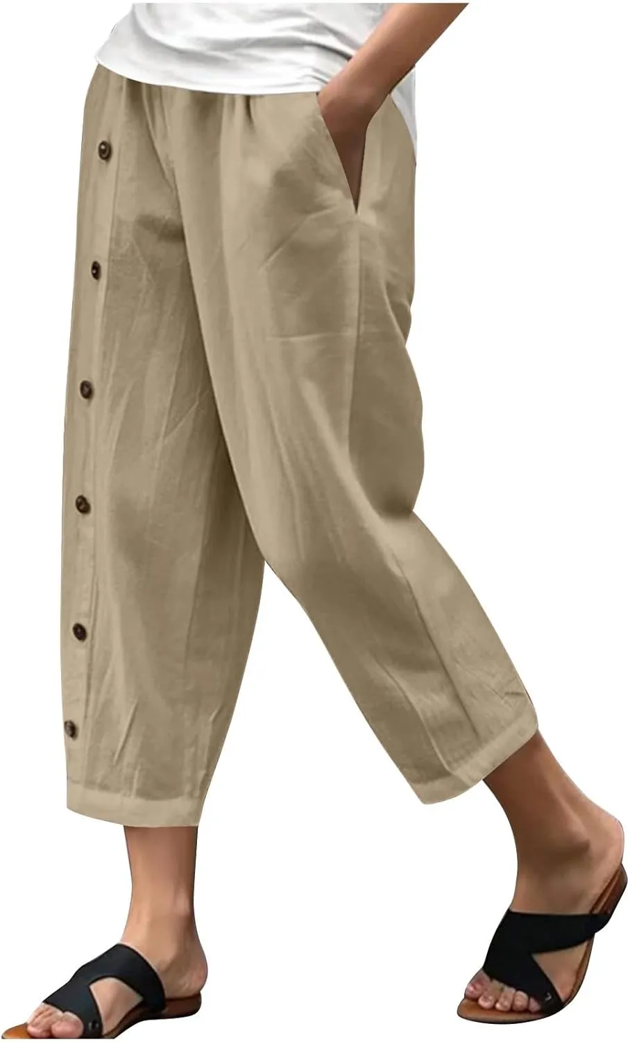 Summer Linen Cropped Trousers for Women Trendy Capris High Waist Straight Wide Leg Beach Pants Loose Slacks