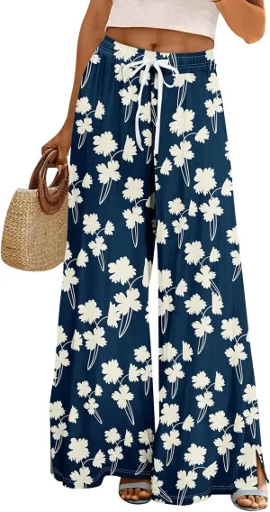 Summer Wide Leg Pants for Women Elastic Waist Drawstring Boho Palazzo Flowy Pants Floral Print with Pockets Trousers