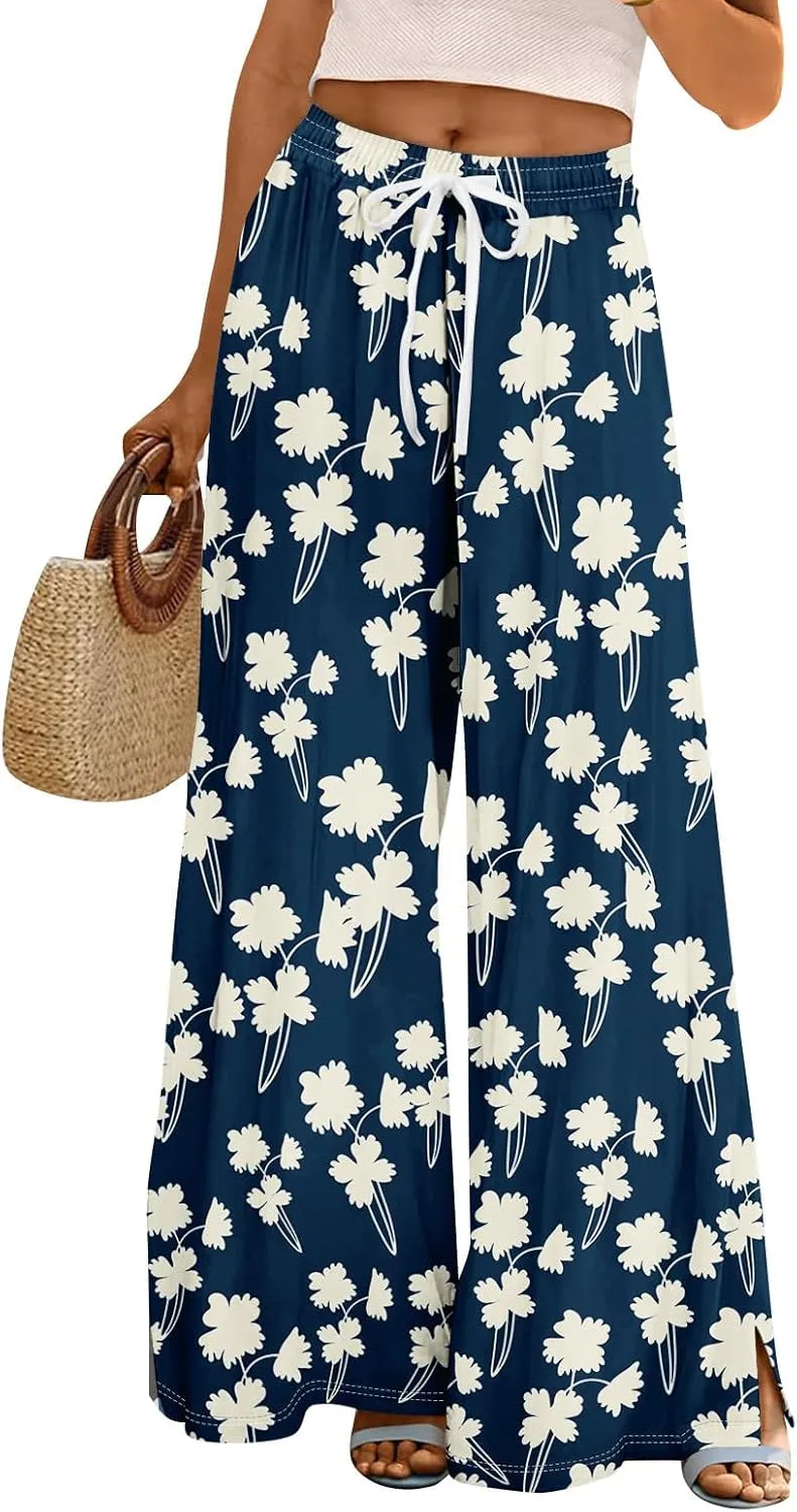 Summer Wide Leg Pants for Women Elastic Waist Drawstring Boho Palazzo Flowy Pants Floral Print with Pockets Trousers