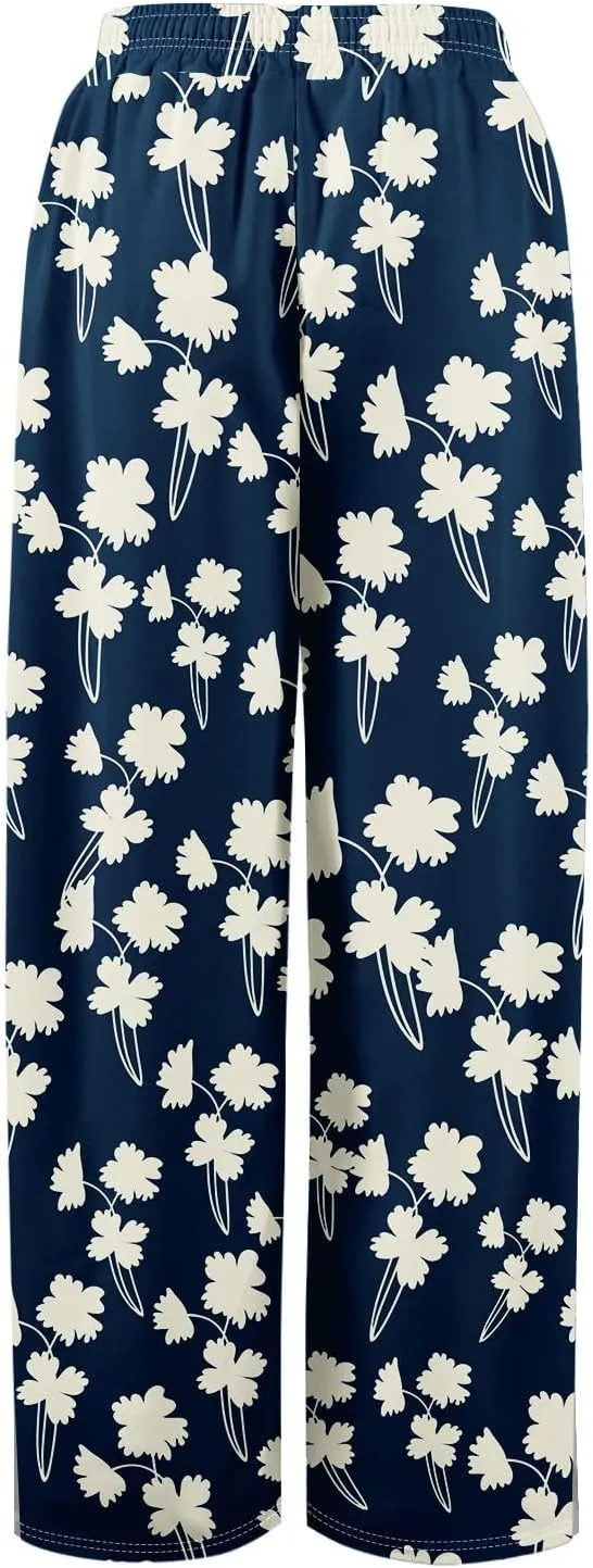 Summer Wide Leg Pants for Women Elastic Waist Drawstring Boho Palazzo Flowy Pants Floral Print with Pockets Trousers