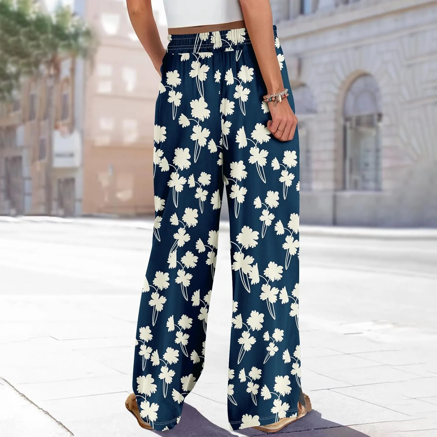 Summer Wide Leg Pants for Women Elastic Waist Drawstring Boho Palazzo Flowy Pants Floral Print with Pockets Trousers