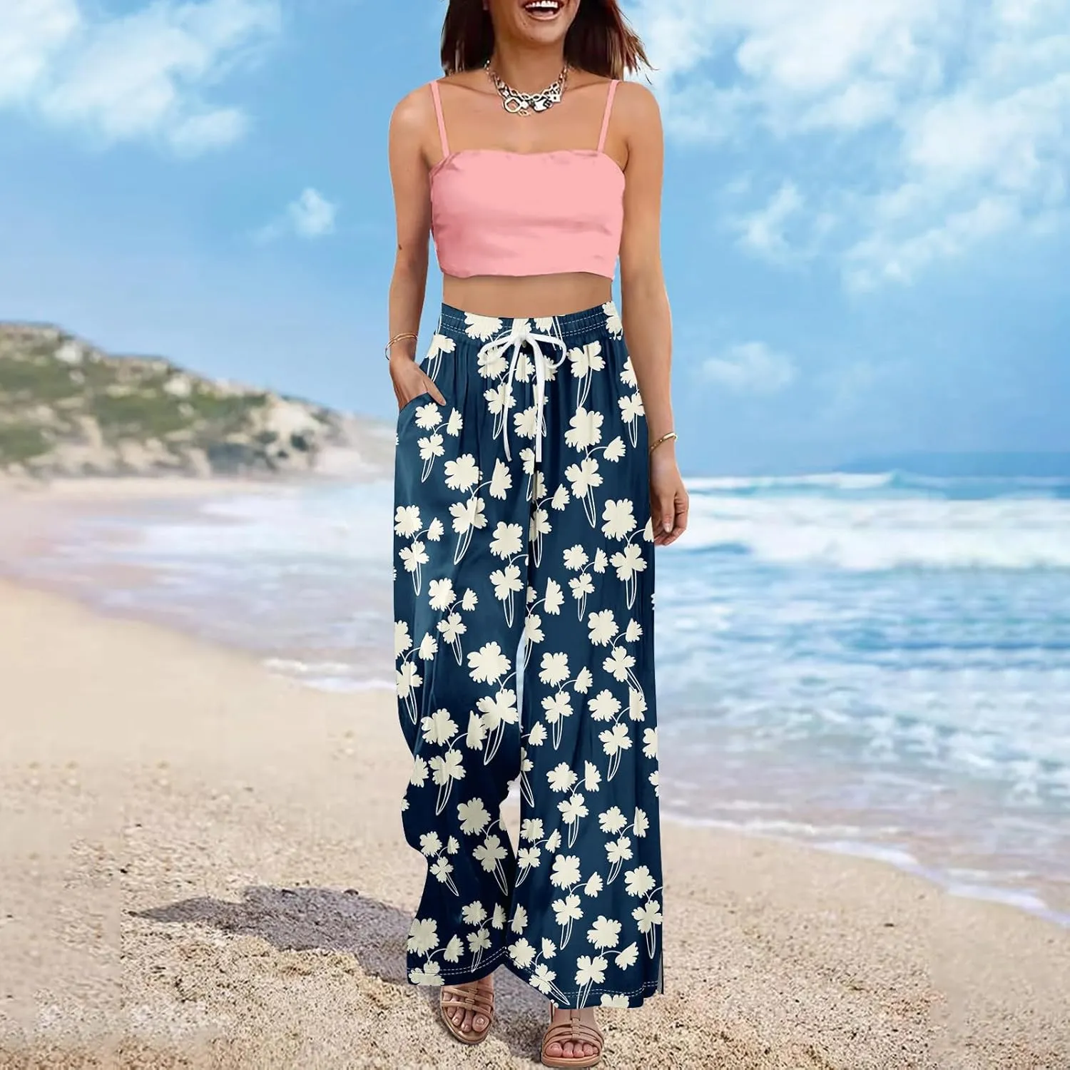 Summer Wide Leg Pants for Women Elastic Waist Drawstring Boho Palazzo Flowy Pants Floral Print with Pockets Trousers