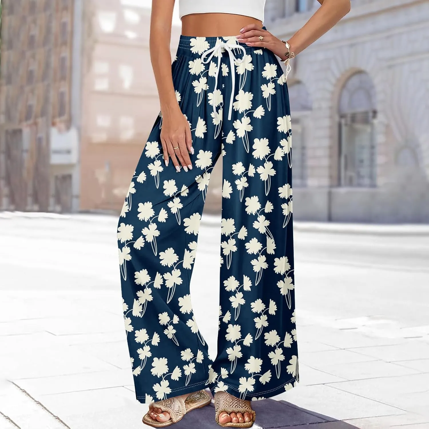 Summer Wide Leg Pants for Women Elastic Waist Drawstring Boho Palazzo Flowy Pants Floral Print with Pockets Trousers