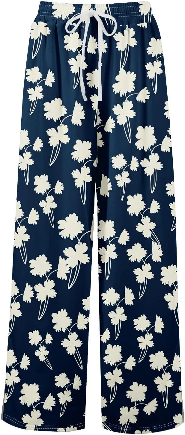 Summer Wide Leg Pants for Women Elastic Waist Drawstring Boho Palazzo Flowy Pants Floral Print with Pockets Trousers