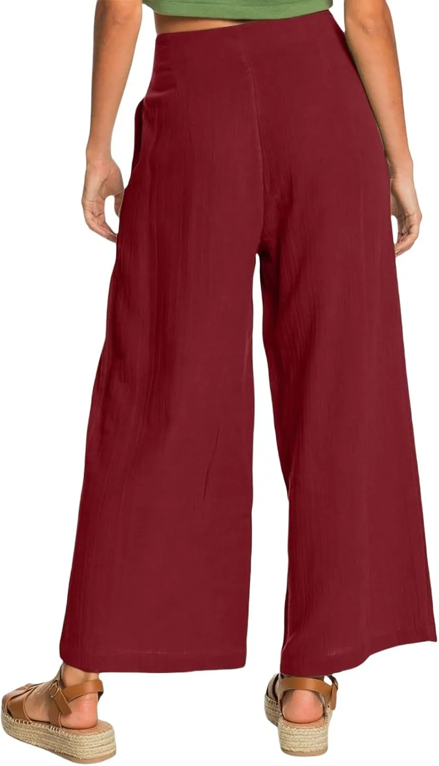 Summer Wide Leg Pants for Women Lightweight Breathable Cotton Linen Pant Stretchy Casual Trousers with Button Pockets