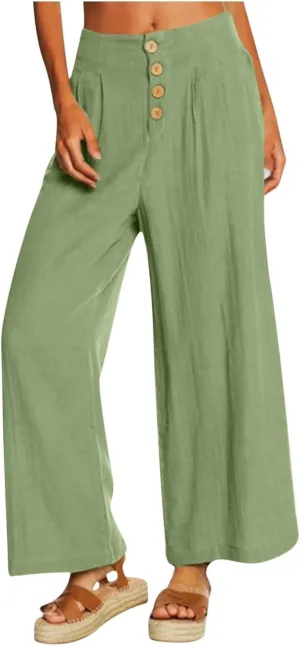 Summer Wide Leg Pants for Women Lightweight Breathable Cotton Linen Pant Stretchy Casual Trousers with Button Pockets