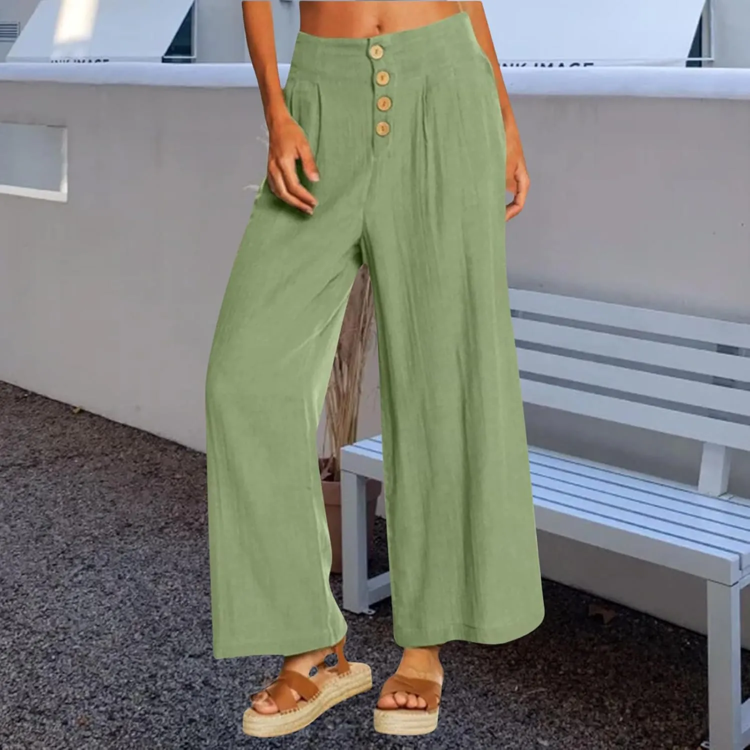 Summer Wide Leg Pants for Women Lightweight Breathable Cotton Linen Pant Stretchy Casual Trousers with Button Pockets