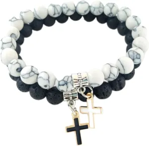SUOSDEY Vintage Cross Pendant Bracelet Natural Stone 8mm Man Black Lava Red Turquoises Bead Bracelets&Bangles Charm Women Prayer Jewelry