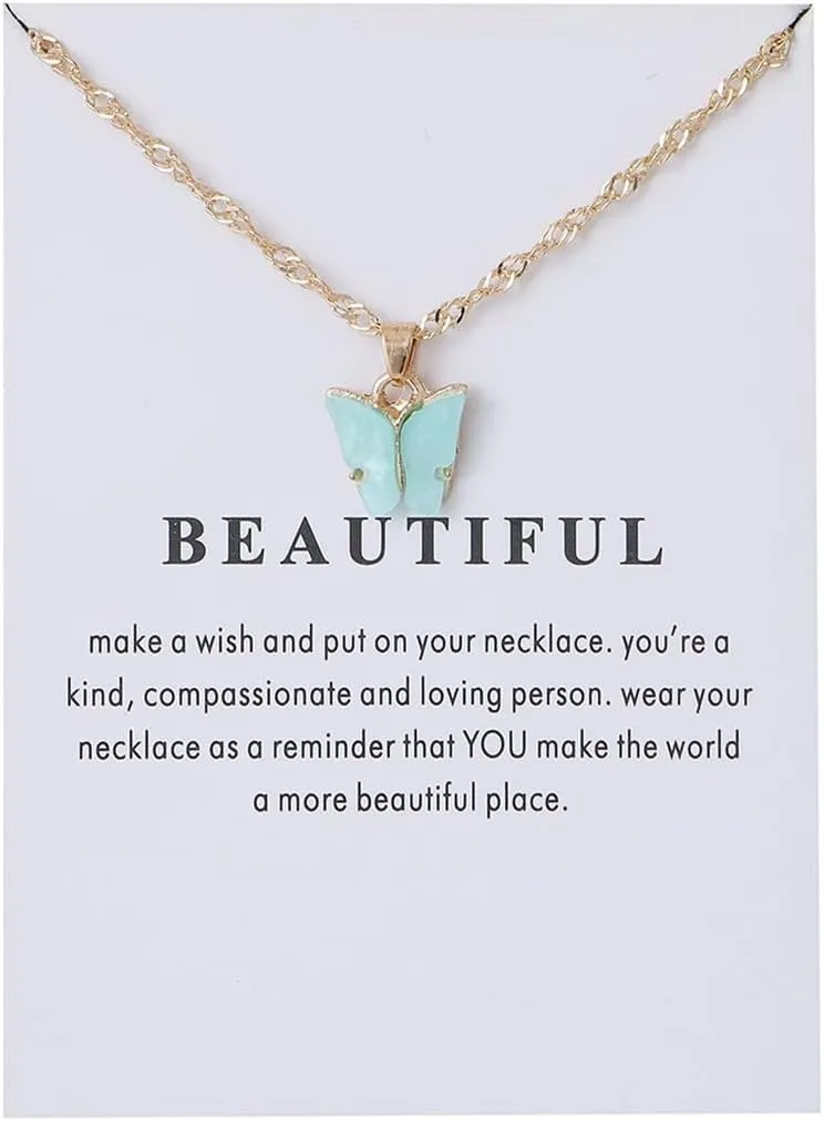 Sweet Cute Colorful Butterfly Adjustable Clavicle Chain Lightweight Arcylic Insect Necklace with Message Card Friendship Good Luck Bohemian Jewelry for Women