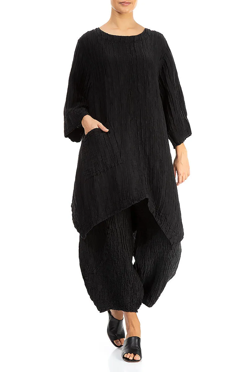 Taper Crinkled Black Silk Linen Trousers