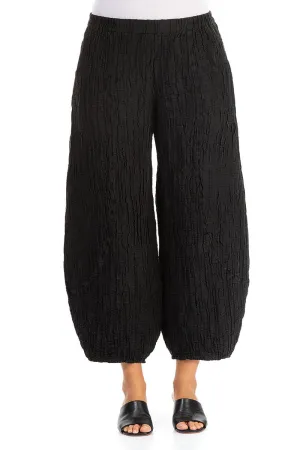 Taper Crinkled Black Silk Linen Trousers