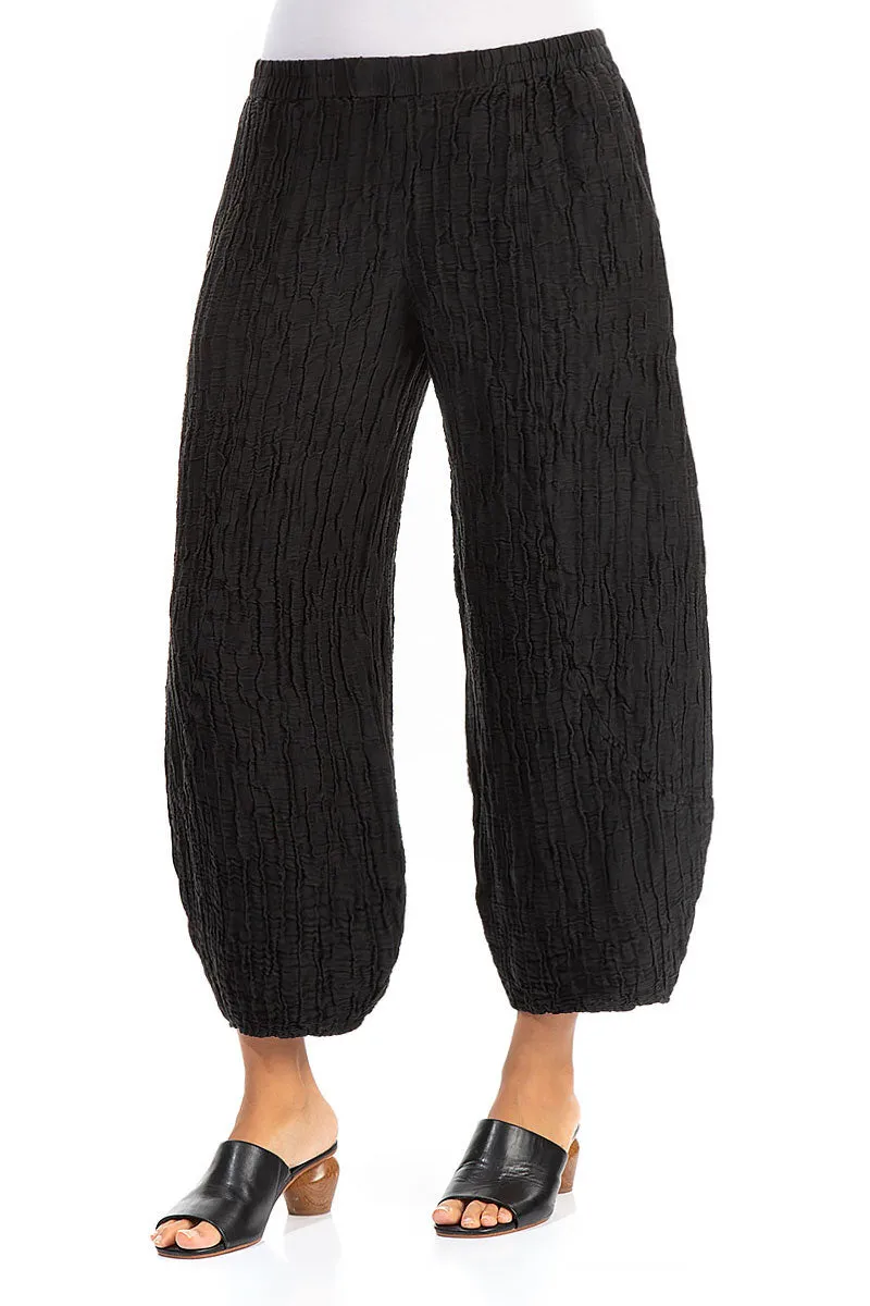 Taper Crinkled Black Silk Linen Trousers