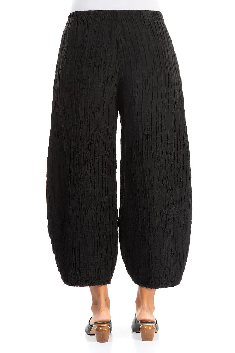Taper Crinkled Black Silk Linen Trousers