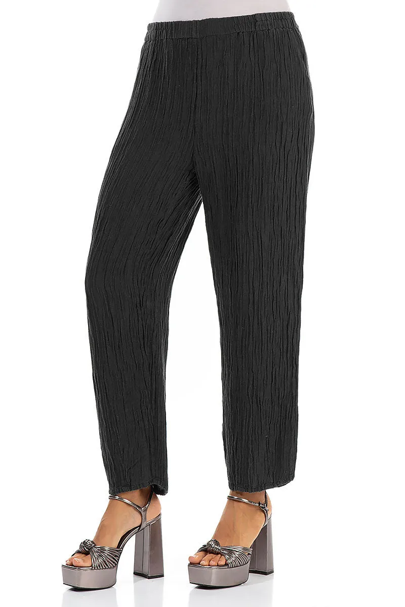 Taper Crinkled Black Silk Trousers