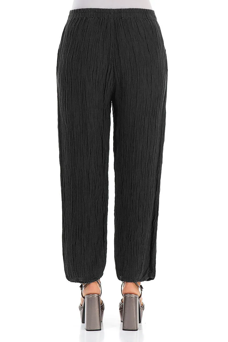 Taper Crinkled Black Silk Trousers