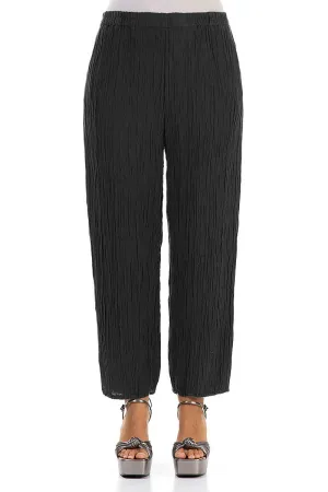 Taper Crinkled Black Silk Trousers