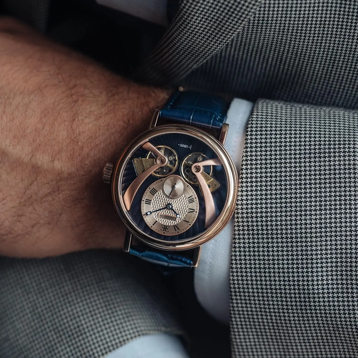 Thomas Earnshaw Mens 43mm Beaufort Anatolia Double Barrel Automatic Watch with Open Heart Dial and Genuine Leather Strap ES-8059