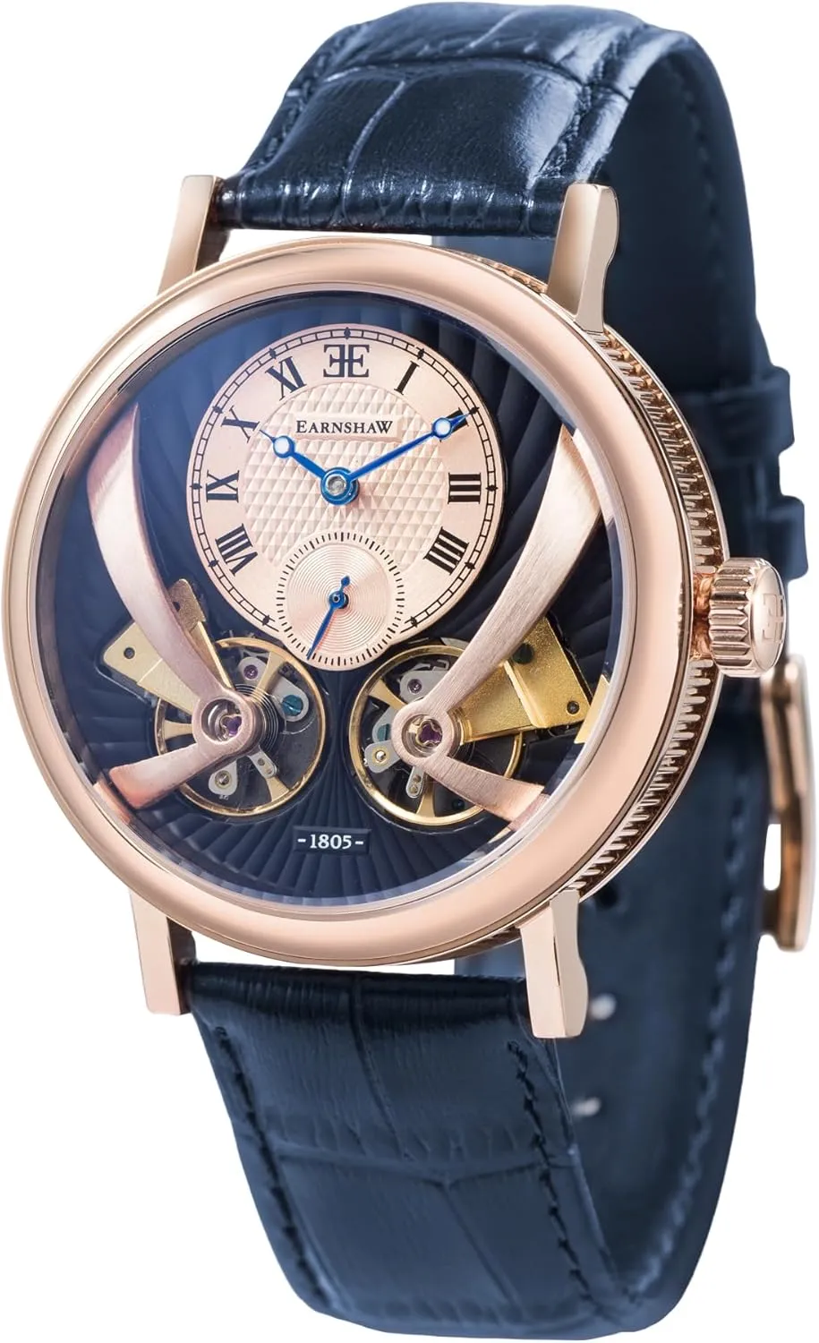 Thomas Earnshaw Mens 43mm Beaufort Anatolia Double Barrel Automatic Watch with Open Heart Dial and Genuine Leather Strap ES-8059