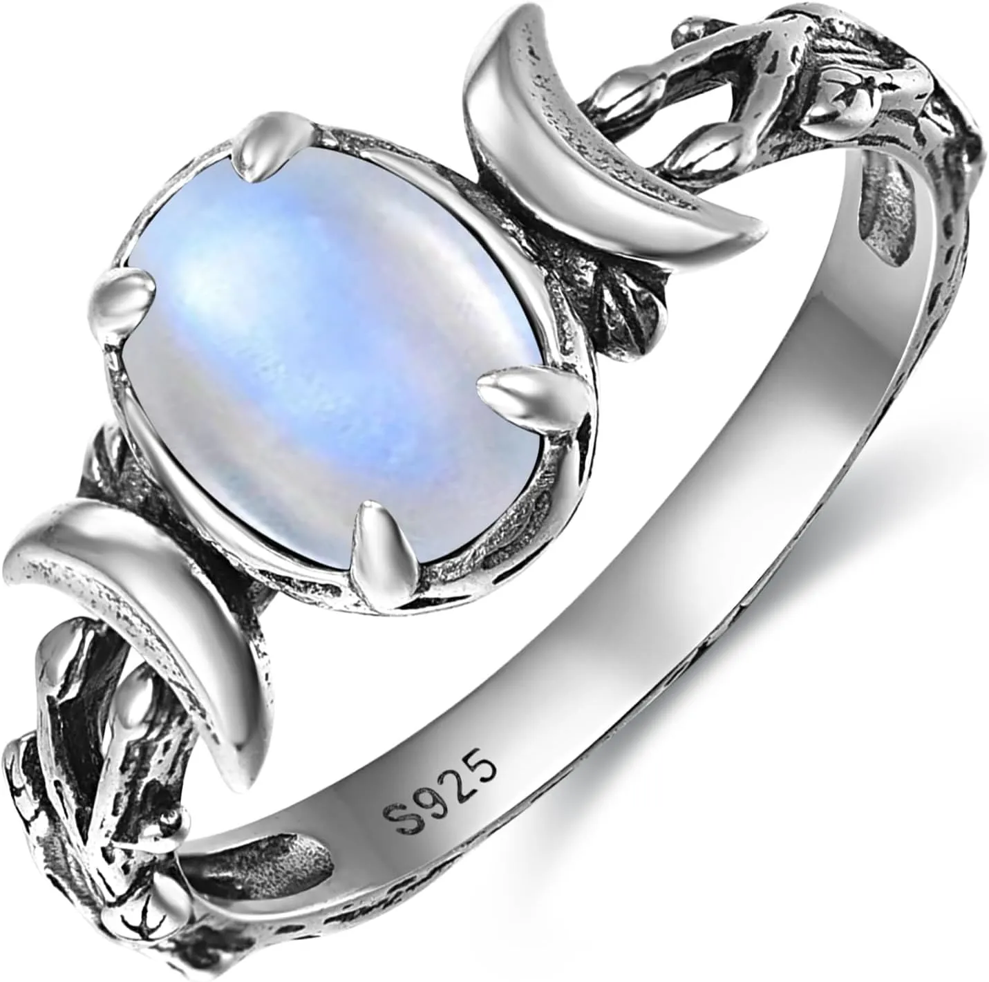 Triple Moon Rings 925 Sterling Silver Moon Phase Rings for Women Oval Moonstone/Teal Turquoise/Moss Agate Inlay Western Boho Gemstone Ring Jewelry Oxidized Silver Gift for Women Size 5-9