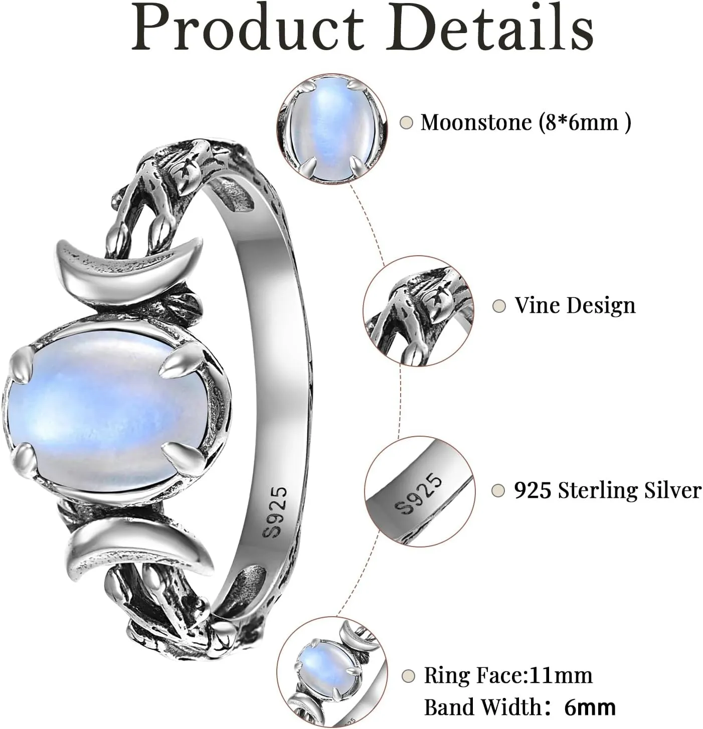 Triple Moon Rings 925 Sterling Silver Moon Phase Rings for Women Oval Moonstone/Teal Turquoise/Moss Agate Inlay Western Boho Gemstone Ring Jewelry Oxidized Silver Gift for Women Size 5-9
