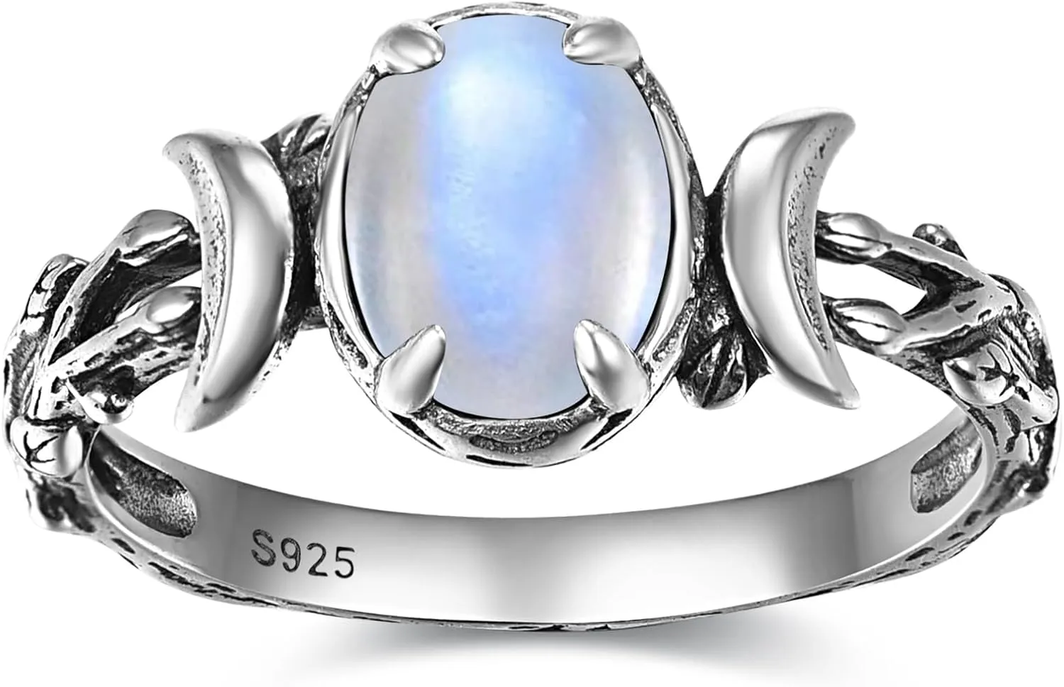 Triple Moon Rings 925 Sterling Silver Moon Phase Rings for Women Oval Moonstone/Teal Turquoise/Moss Agate Inlay Western Boho Gemstone Ring Jewelry Oxidized Silver Gift for Women Size 5-9