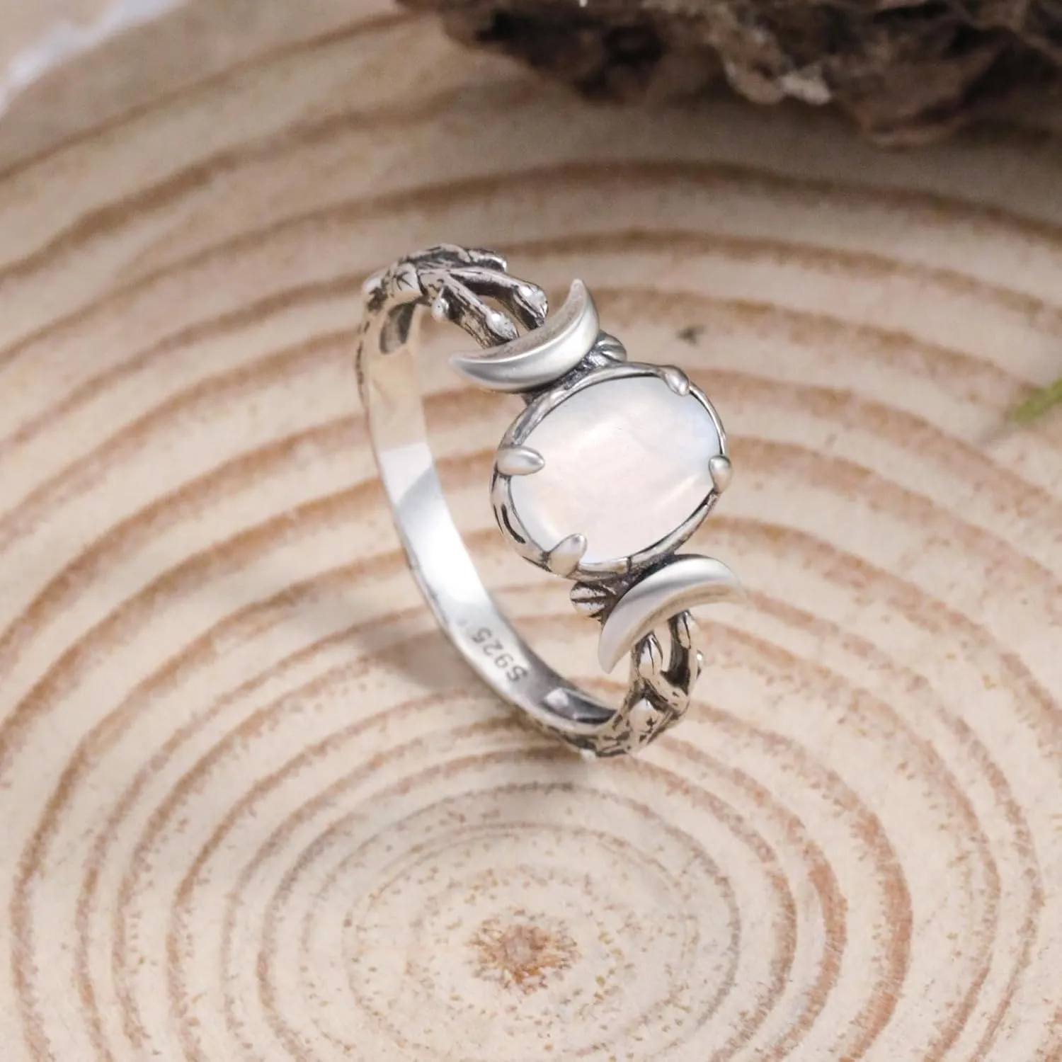 Triple Moon Rings 925 Sterling Silver Moon Phase Rings for Women Oval Moonstone/Teal Turquoise/Moss Agate Inlay Western Boho Gemstone Ring Jewelry Oxidized Silver Gift for Women Size 5-9