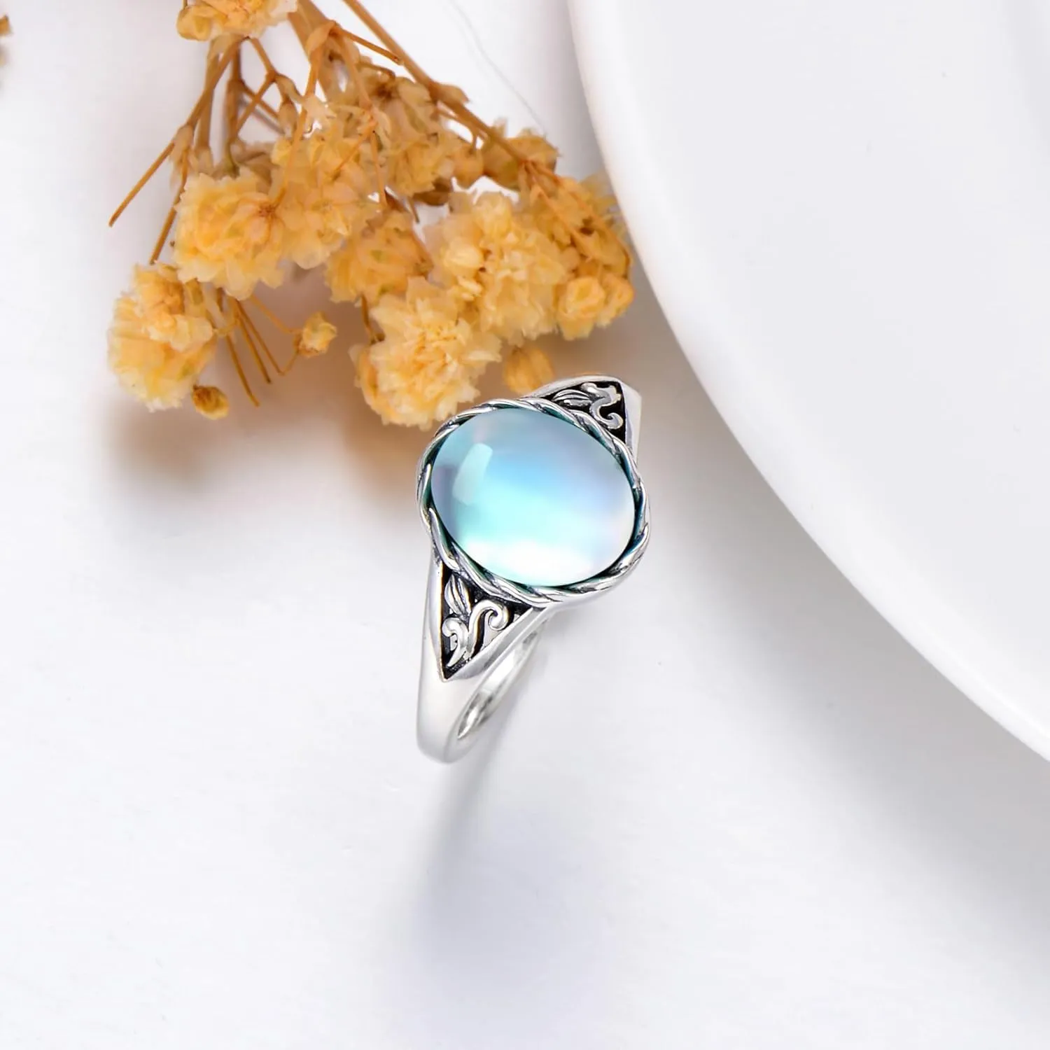 Turquoise Vintage Ring for Women, S925 Sterling Silver Oval Cut Natural Turquoise/Moonstone//Black Onyx Boho Turquoise Jewelry for Birthday Mother's Day Christmas