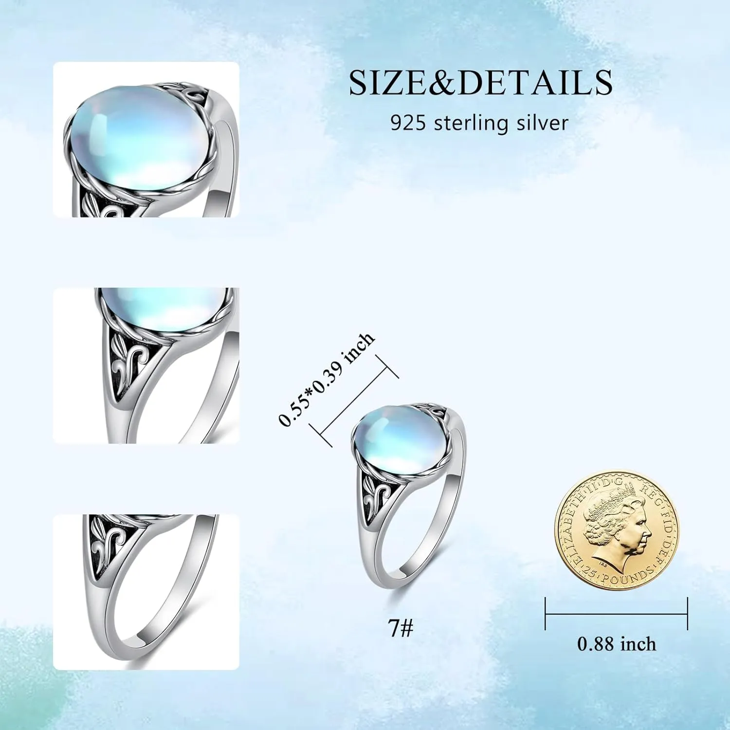 Turquoise Vintage Ring for Women, S925 Sterling Silver Oval Cut Natural Turquoise/Moonstone//Black Onyx Boho Turquoise Jewelry for Birthday Mother's Day Christmas