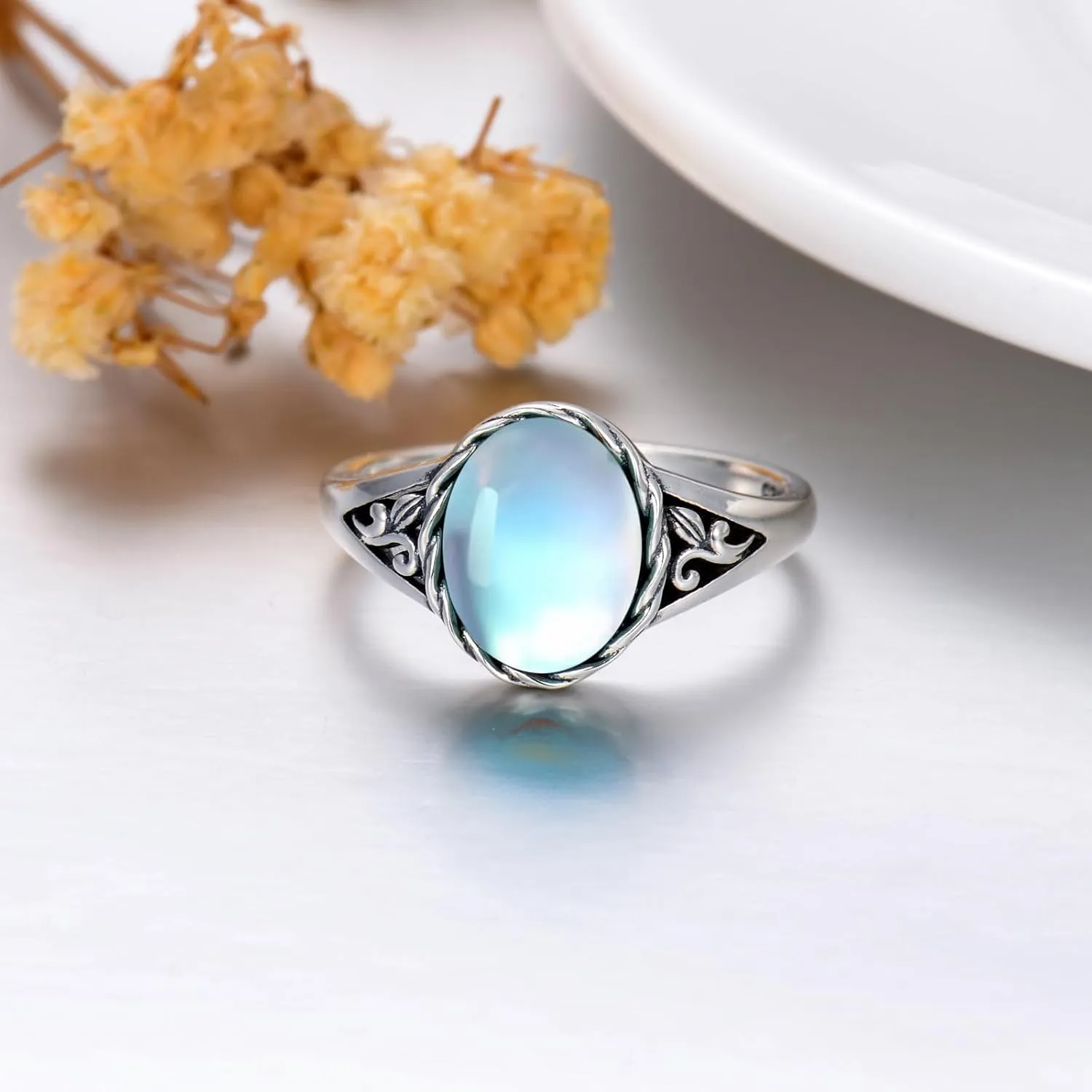 Turquoise Vintage Ring for Women, S925 Sterling Silver Oval Cut Natural Turquoise/Moonstone//Black Onyx Boho Turquoise Jewelry for Birthday Mother's Day Christmas