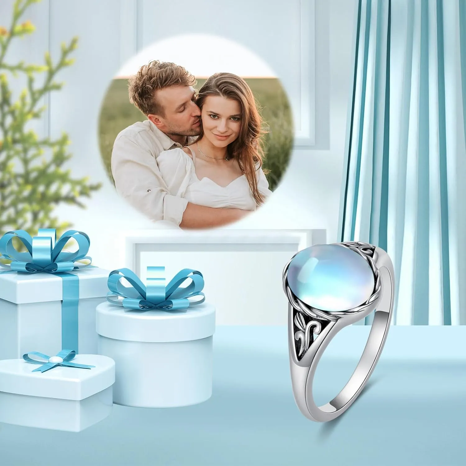 Turquoise Vintage Ring for Women, S925 Sterling Silver Oval Cut Natural Turquoise/Moonstone//Black Onyx Boho Turquoise Jewelry for Birthday Mother's Day Christmas