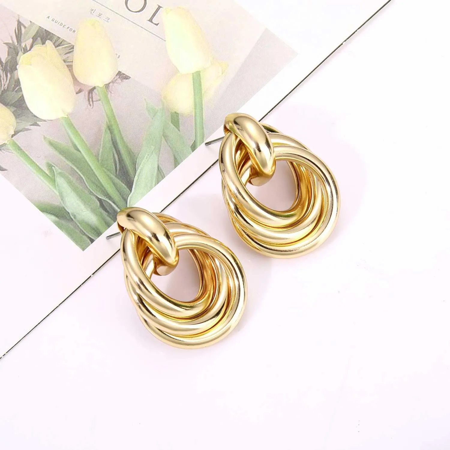 Twisted Earrings Round Double Circle Stud Earrings Statement Chunky Polished Drop Hoop Earrings For Women
