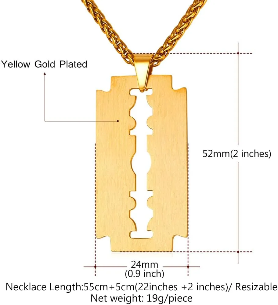 U7 Punk Necklaces Stainless Steel 18K Gold Plated Large Hip Hop Dagger/Knife/Sword/Steampunk Gear/Large Razor Blade Pendant Necklace for Men Women, Chain 22-24 Inches