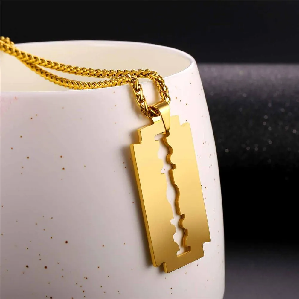 U7 Punk Necklaces Stainless Steel 18K Gold Plated Large Hip Hop Dagger/Knife/Sword/Steampunk Gear/Large Razor Blade Pendant Necklace for Men Women, Chain 22-24 Inches